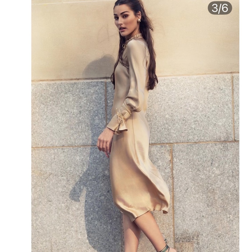 Avanel Couture Tan Satin Midi Dress Ruffle Neck Lace Up Bell Sleeve Small - Picture 3 of 9